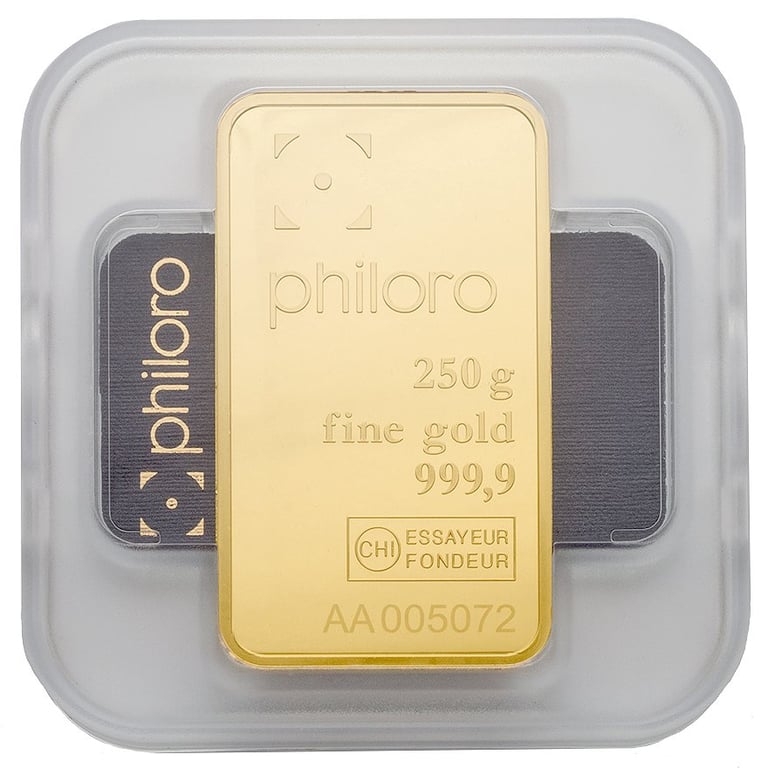 Front of the Gold bar 250 g - philoro in the blister card
