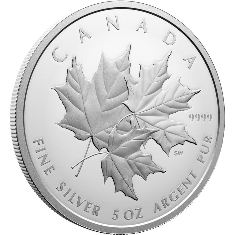 Side view of the Silver Triple Maple Leaf 5 oz PF - 2025