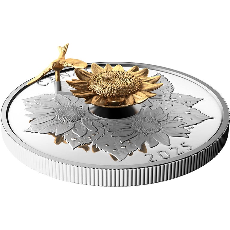 Side view of Back of Silver The Goldfinch and the Bloom 5 oz Proof - Gilded 3D Elements