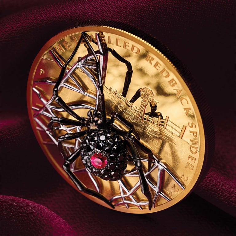 mood shot of Gold The Jewelled Redback Spider 2 oz PF - Perth Mint 2026