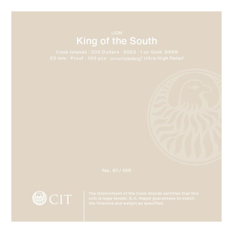 Original coin case of the Gold King of the South - Lion 1 oz PF - Ultra High Relief
