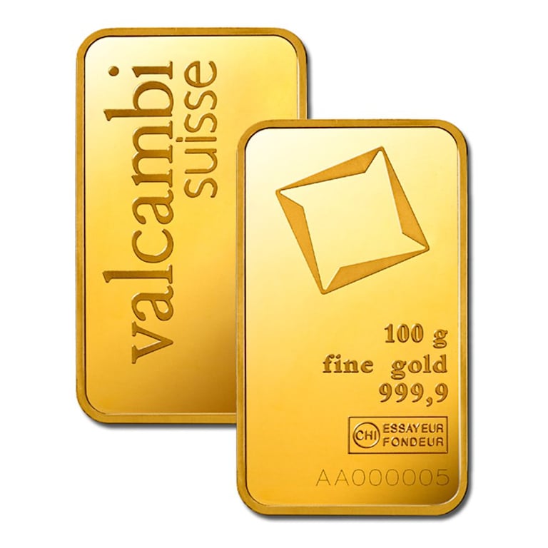 Front of the Gold bar 100 g - Valcambi