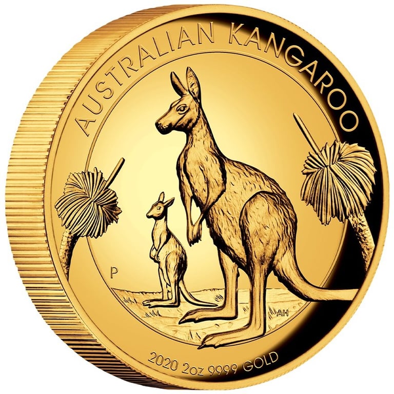Side view of the Gold Kangaroo 2 oz PF - High Relief 2020