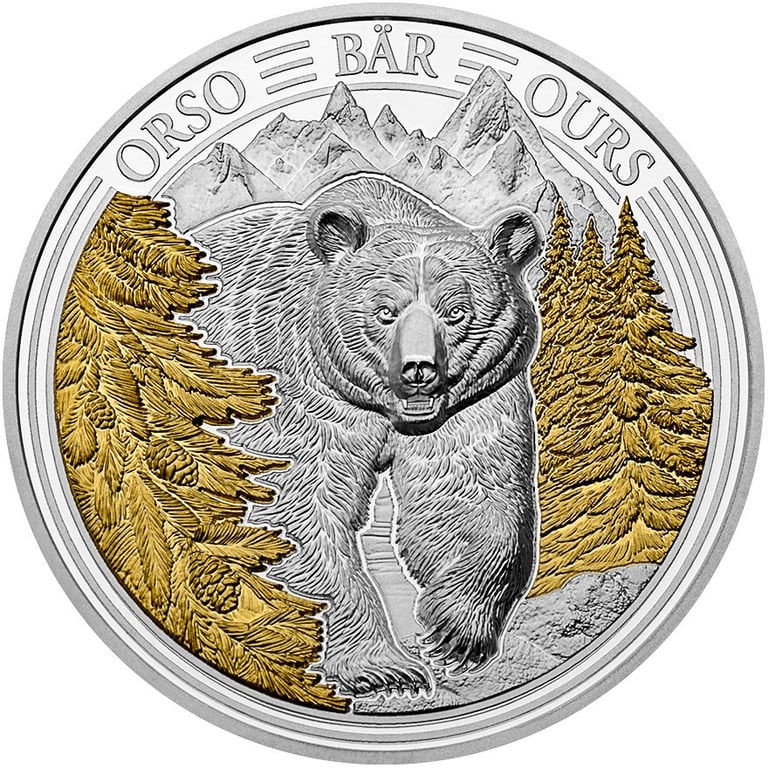Front of the Silver Swiss Wildlife - Bear 3 oz PP - Ultra High Relief 2025