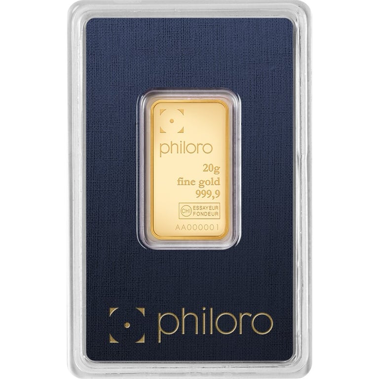 Front of the Gold bar 20 g - philoro in the blister card