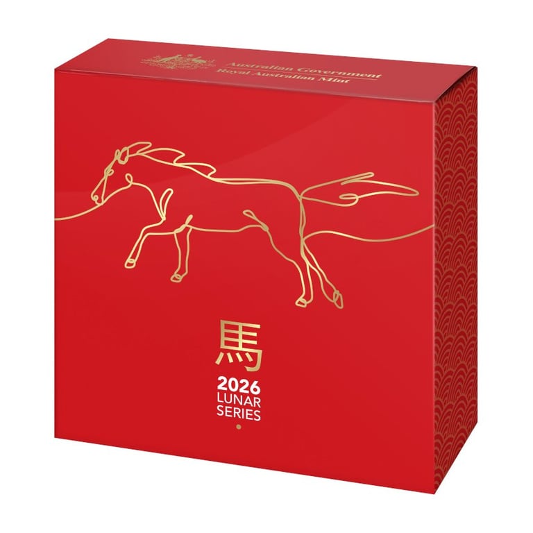 Front of the original coin box of the Silver Lunar Horse 1 oz PF domed coin - RAM 2026