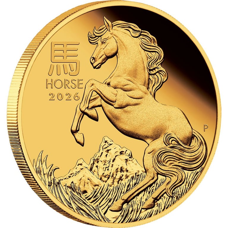 Side view of the Gold Lunar III Horse 1/4 oz PF - 2026
