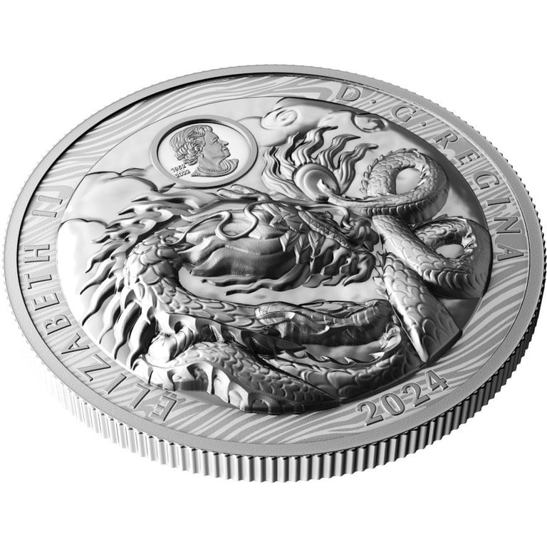 Side view of the Silver Lunar Dragon 3 oz PF - Ultra High Relief 2024