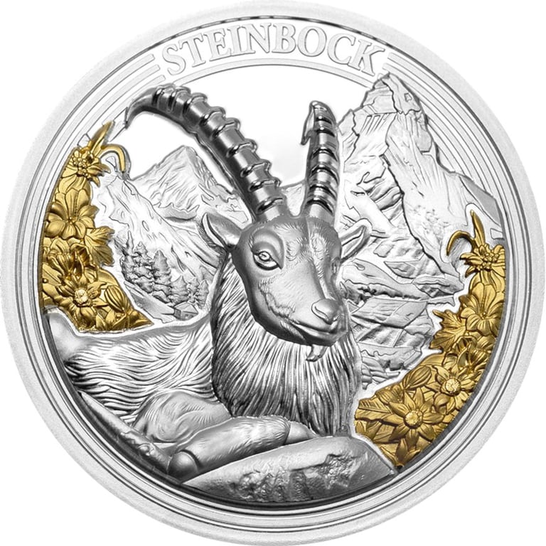 Front of the Silver Swiss Wildlife - Ibex 3 oz PF - Ultra High Relief 2024