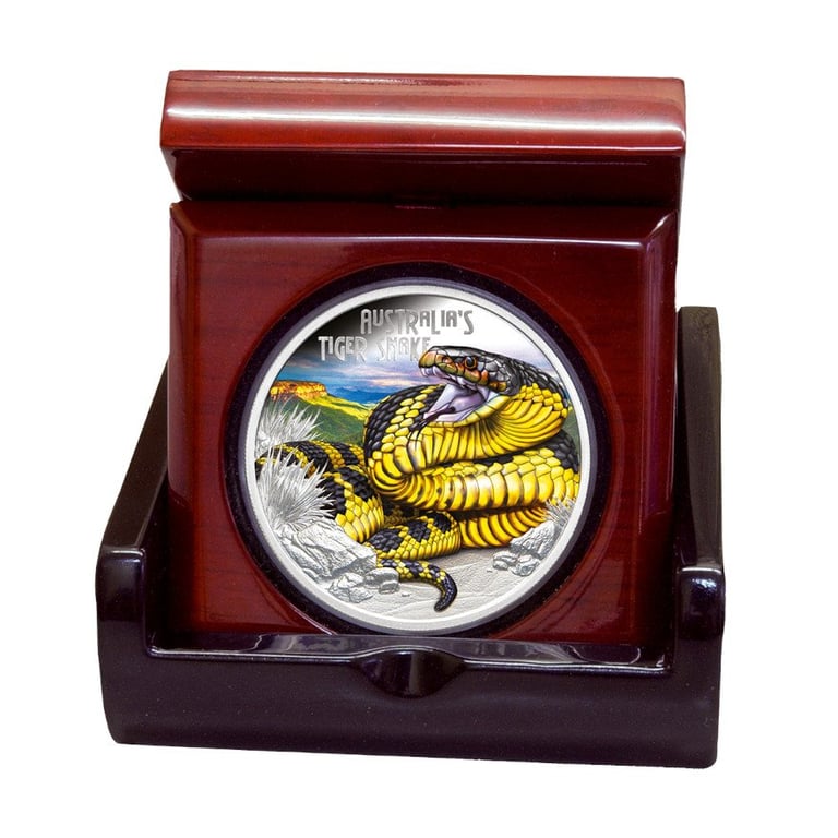 Silver Deadly & Dangerous 1 oz PF - Tiger Snake 2025 in the original coin case