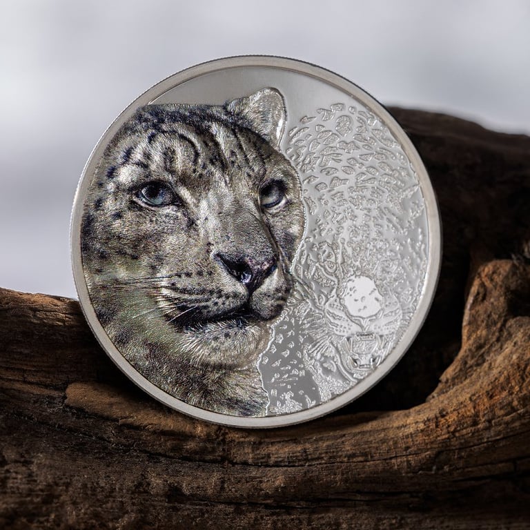 Side view of the Silver Snow Leopard 1 oz PF - High Relief 2024