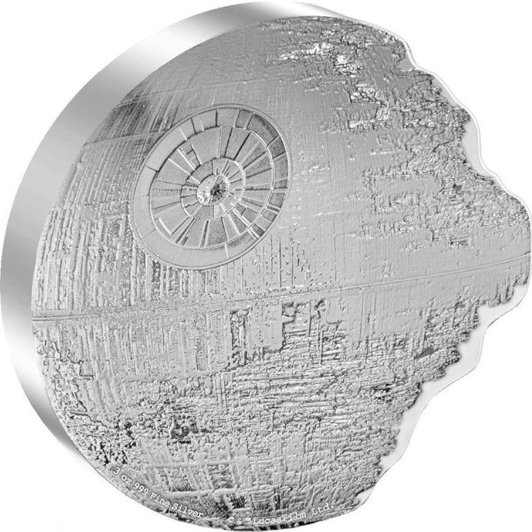 Side view of the Silver STAR WARS Death Star II - 3 oz PF - 2023