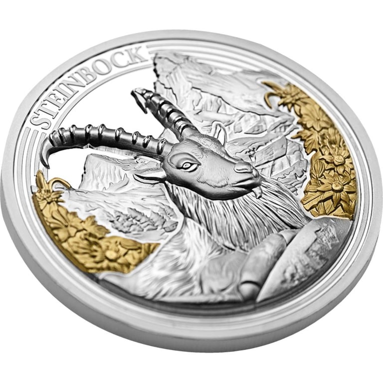 Side view of the Silver Swiss Wildlife - Ibex 3 oz PF - Ultra High Relief 2024