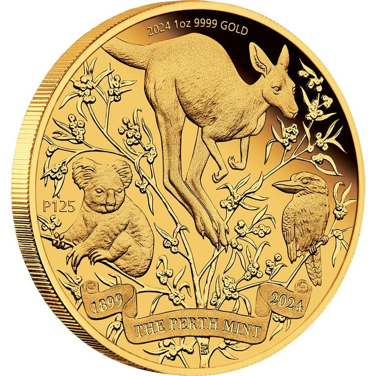 Side view of the Gold The Perth Mint's 125th Anniversary 1 oz PF - 2024