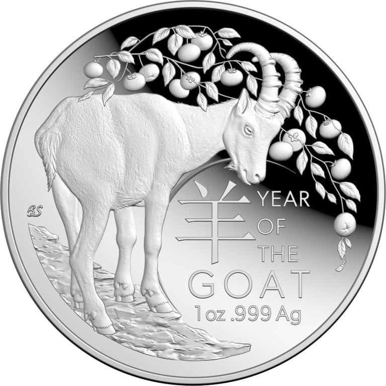 Front of Silver Lunar Goat 1 oz PF domed coin - RAM 2027
