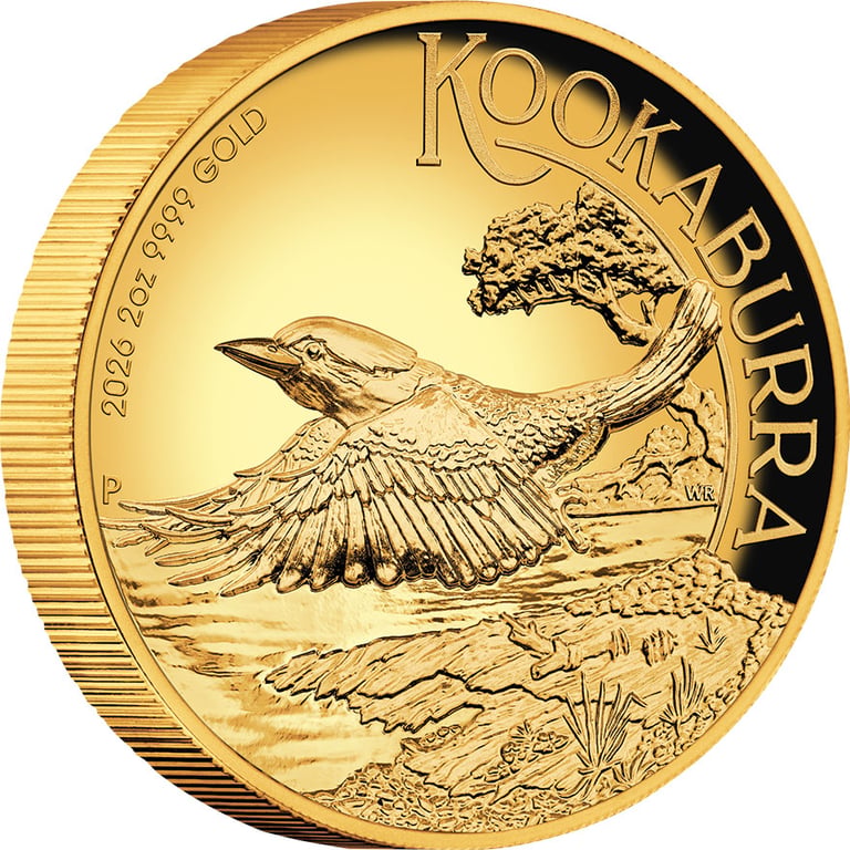 Side view of Gold Kookaburra 2 oz Proof - High Relief 2026