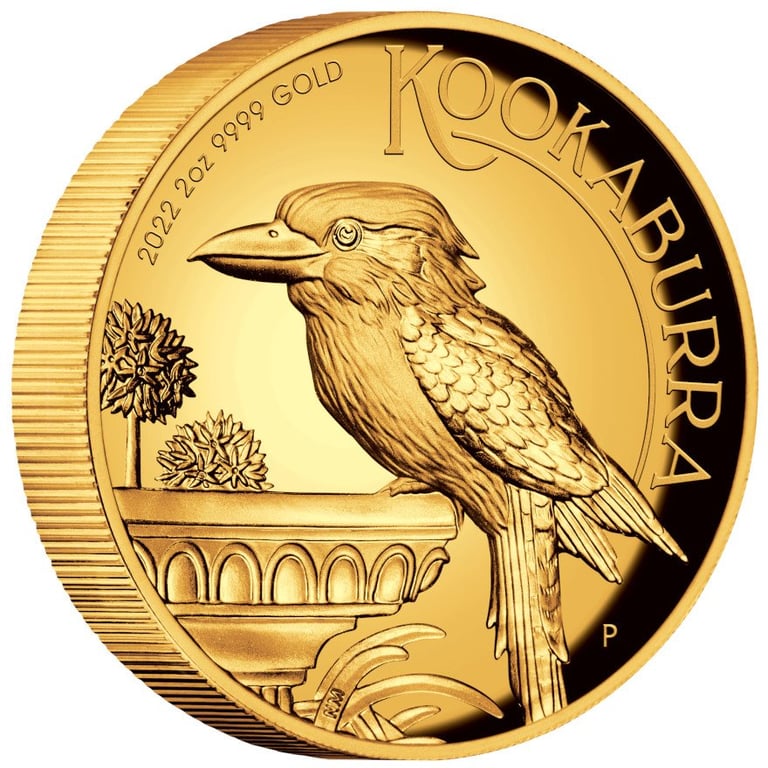 Side view of the Gold Kookaburra 2 oz PF High Relief - 2022