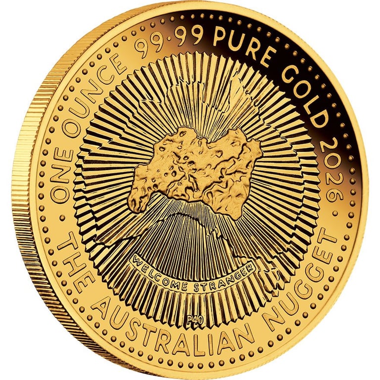 Side view of Gold Australian Nugget 1 oz PF - 40th Anniversary - 2026
