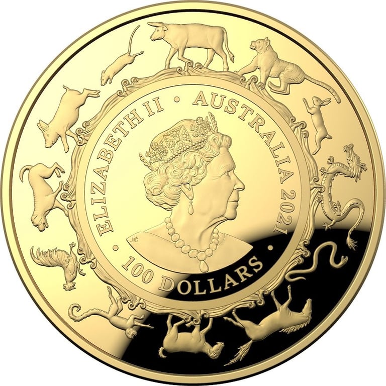 Back of the Gold Lunar Ox 1 oz PF domed coin - RAM 2021