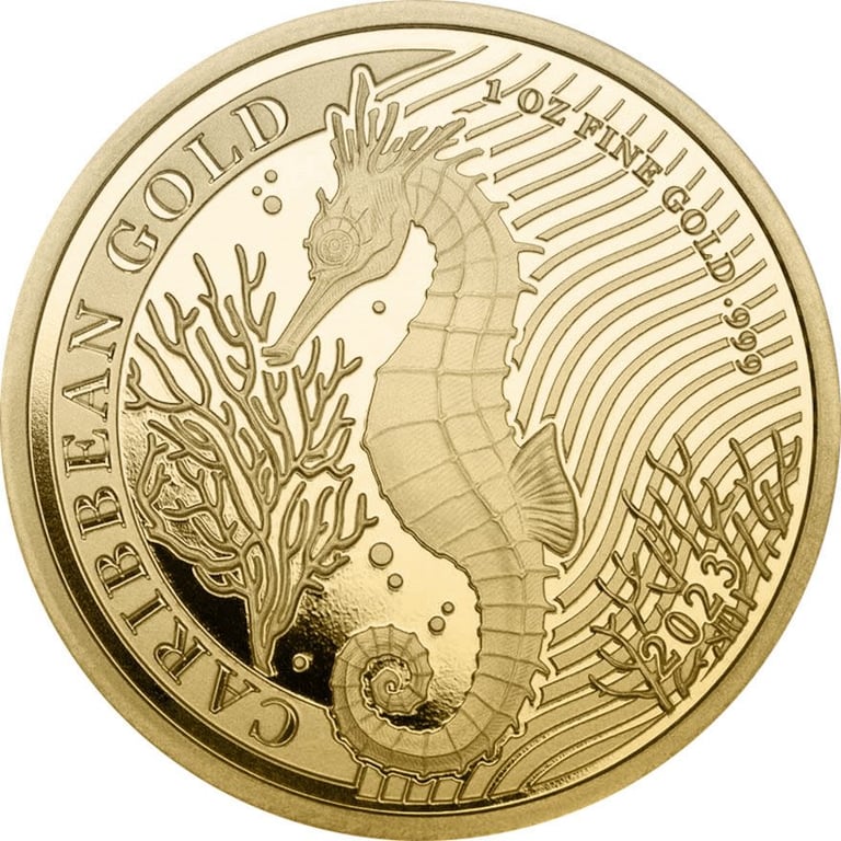 Front of the Gold Barbados Seahorse 1 oz - 2023