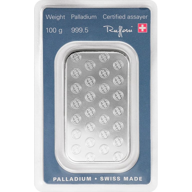 Back of the Palladium bar 100 g in the blister card