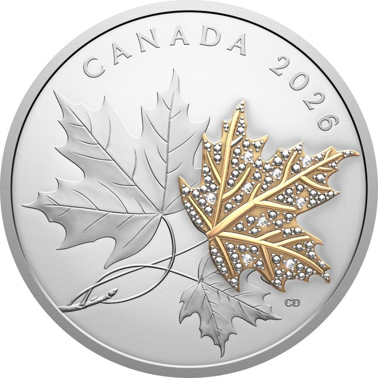 Front of Silver Precious Maple Leaf 2 oz PF - gilded with diamond 2026
