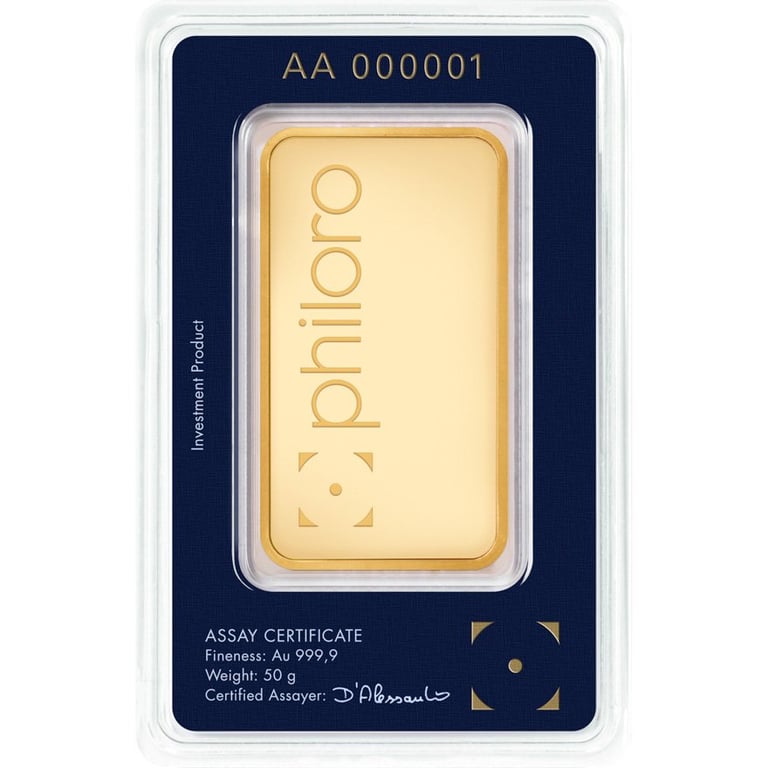 Back of the Gold bar 50 g philoro in the blister card