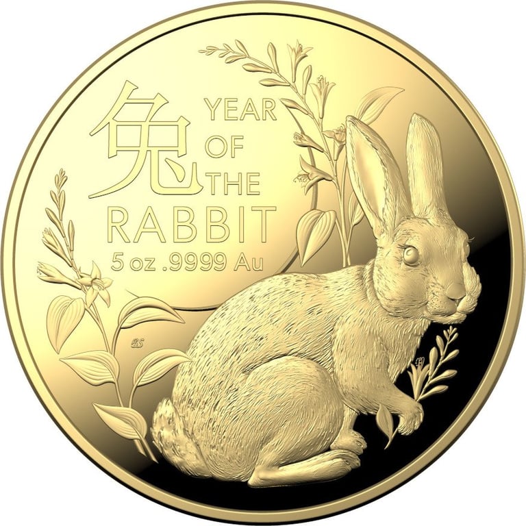 Front of the Gold Lunar Rabbit 5 oz PF - RAM 2023