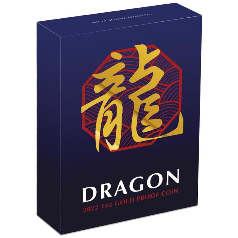 Original coin case of the Gold Dragon - Chinese mythical creature - 1 oz PF 2022