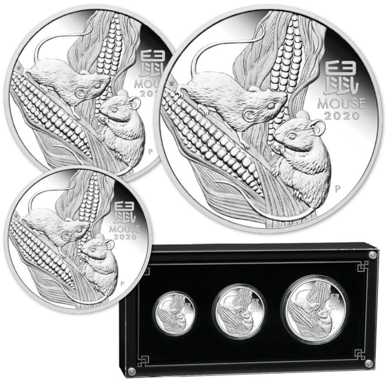 Front of the Silver Lunar III 3 Coin Set Mouse PF - 2020