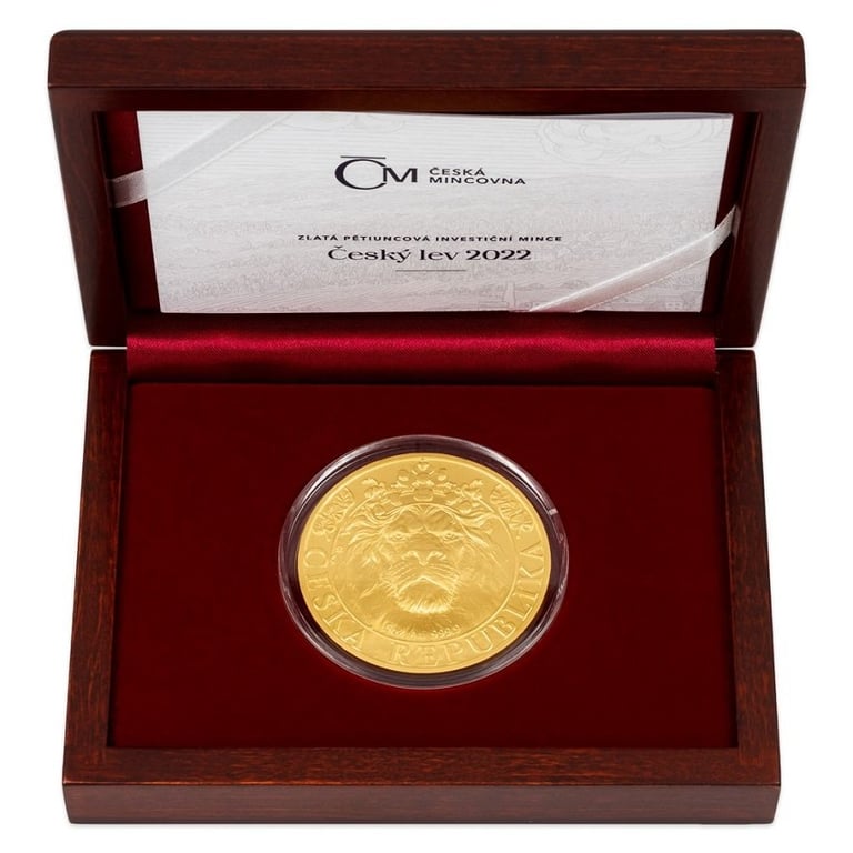 Gold Czech Lion 5 oz - 2022 in the original coin case