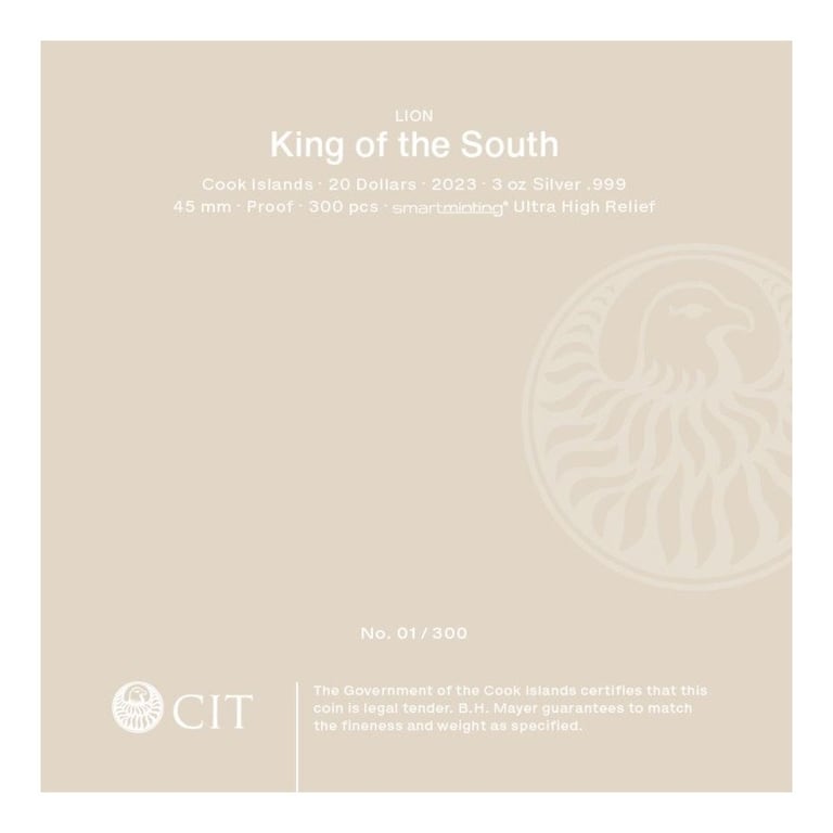 Original coin case of the Silver King of the South - Lion 3 oz PF - Ultra High Relief