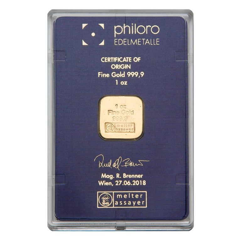 Back of the Gold bar 1 oz cast - philoro in the blister card