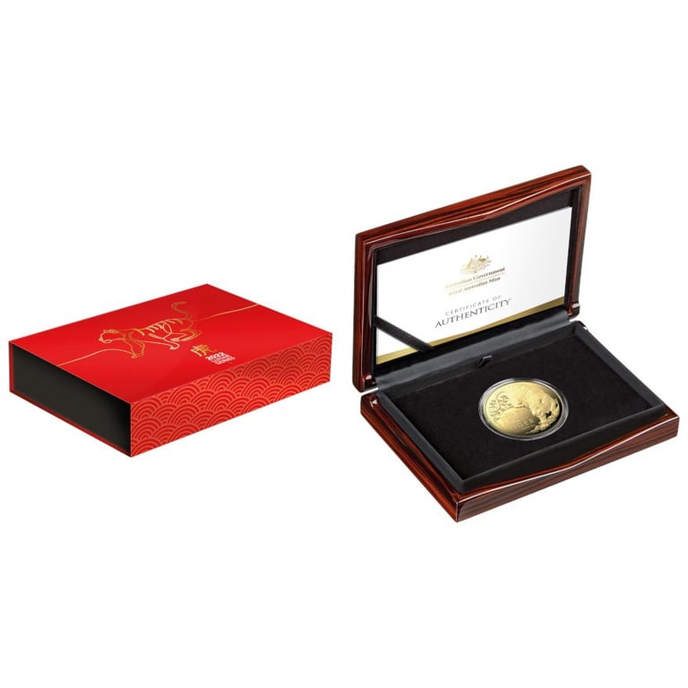 Original coin case of the Gold Lunar Tiger 5 oz PF - RAM 2022