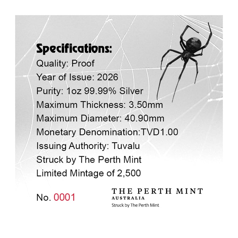 COA of Box of Silver Deadly & Dangerous – Red Back Spider 1 oz Proof – 20th Anniversary 2026