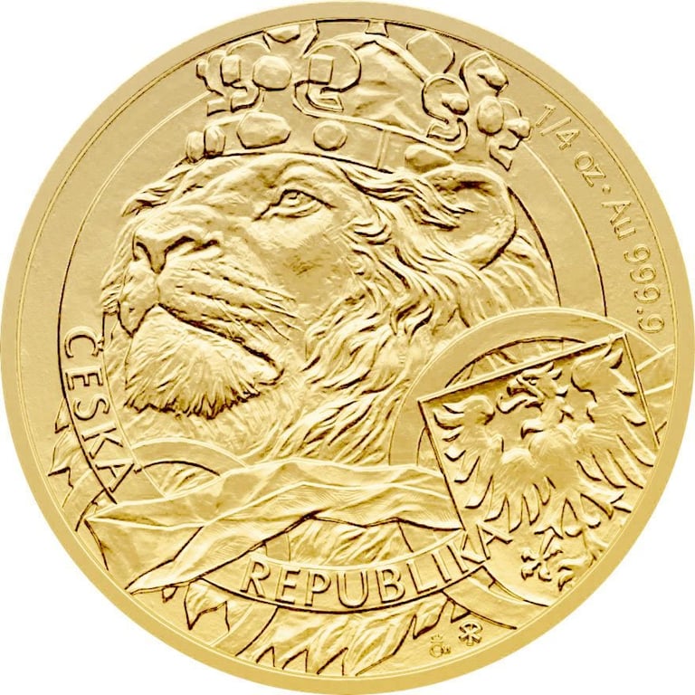 Front of the Gold Czech Lion 1/4 oz - 2025