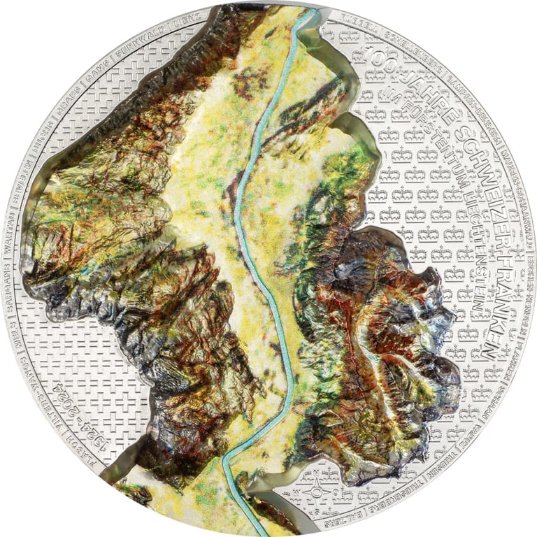 Front of Silver 100 Years of the Swiss Franc in Liechtenstein 5 oz – Ultra High Relief