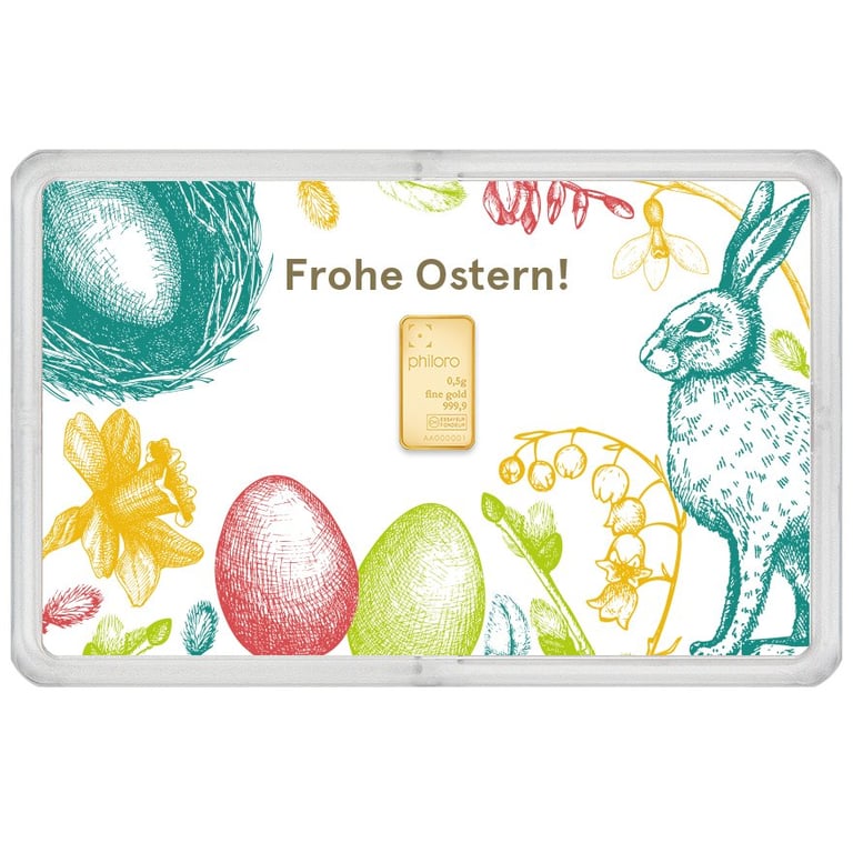 Front of the Gold bar 0.5 g - philoro gift card ""Happy Easter""