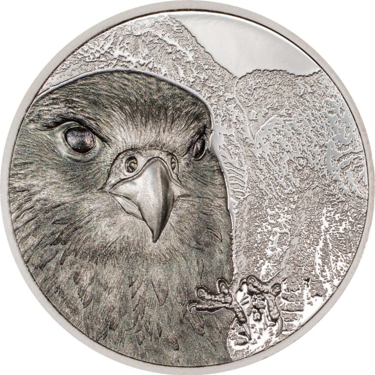Front of the Platinum Mongolian Falcon 1 oz PF - High Relief 2023