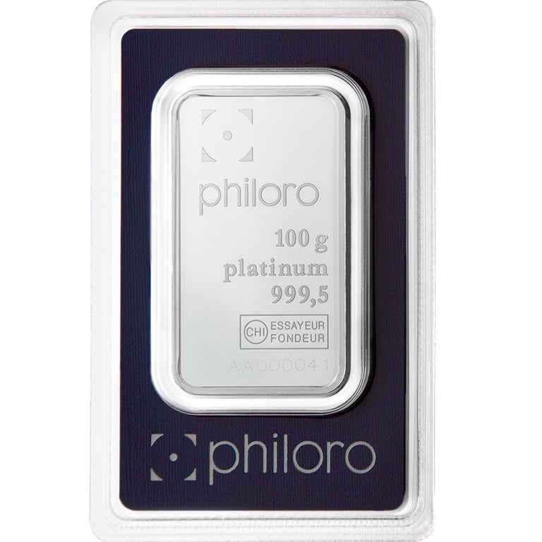 Front of the Platinum bar 100 g - philoro in the blister card
