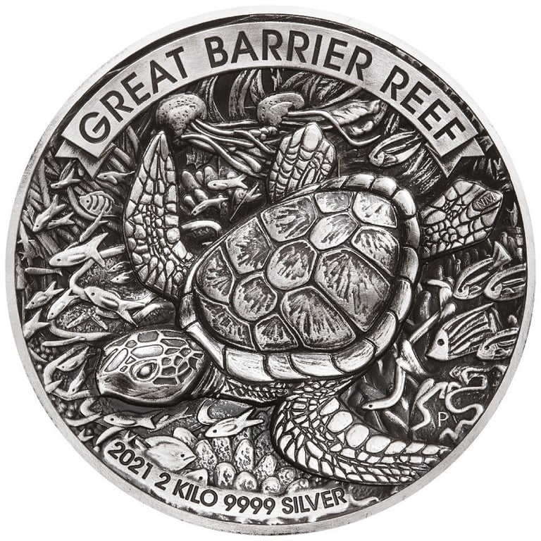 Front of the Silver Great Barrier Reef 2 kg 2021 - High Relief - Antique Finish