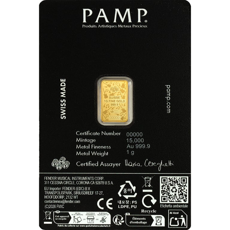 Back of Gold Bar 1 g "Fender 80th Anniversary" - PAMP in Blister