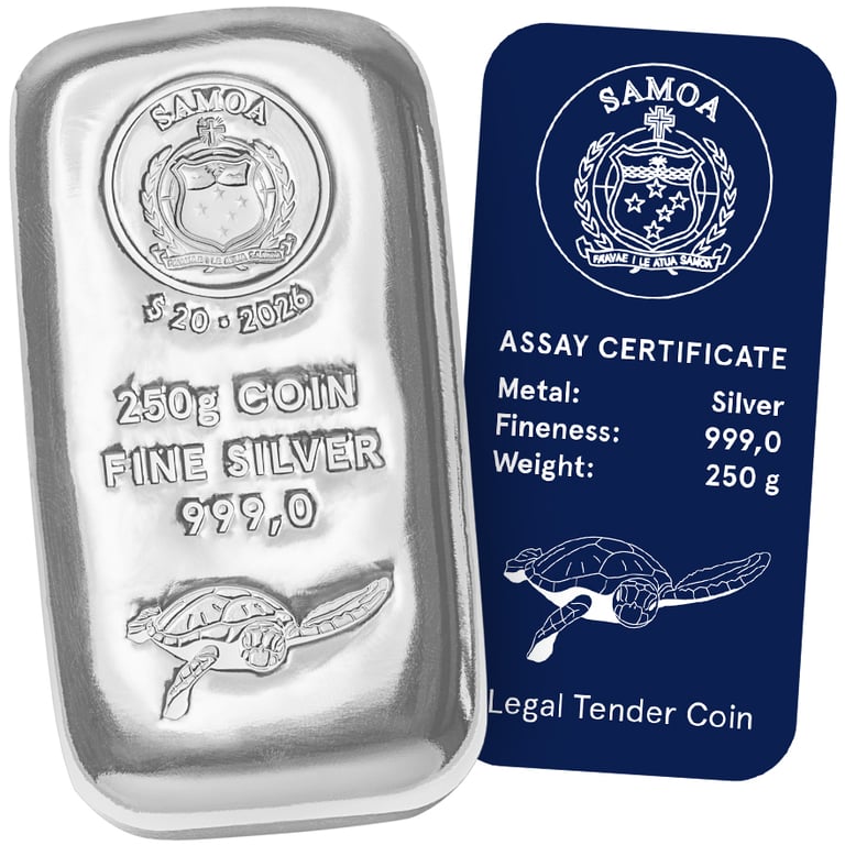 Front view & COA of the Silver coin bar Samoa 250 g - 2026