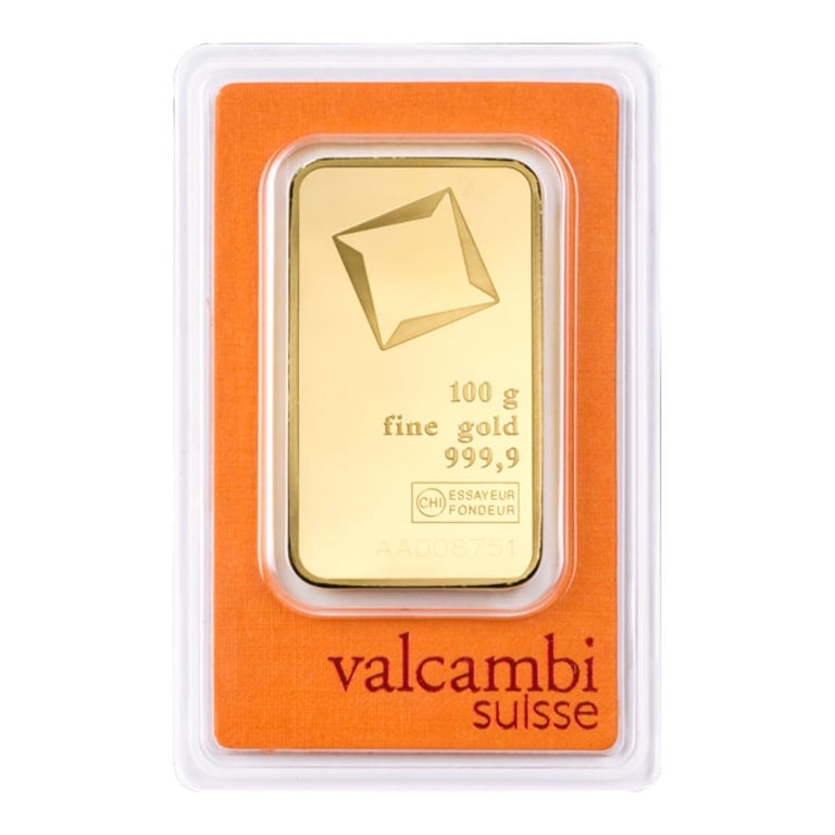 Front of the Gold bar 100 g - Valcambi in the blister card