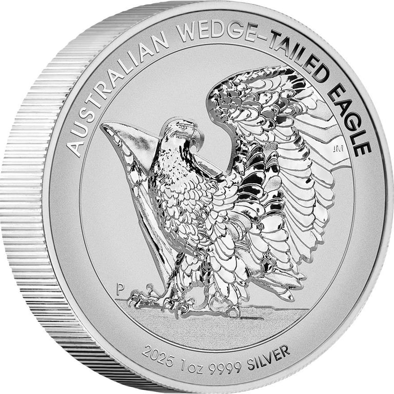 Side view of the Silver Wedge Tailed Eagle 1 oz RP - High Relief 2025