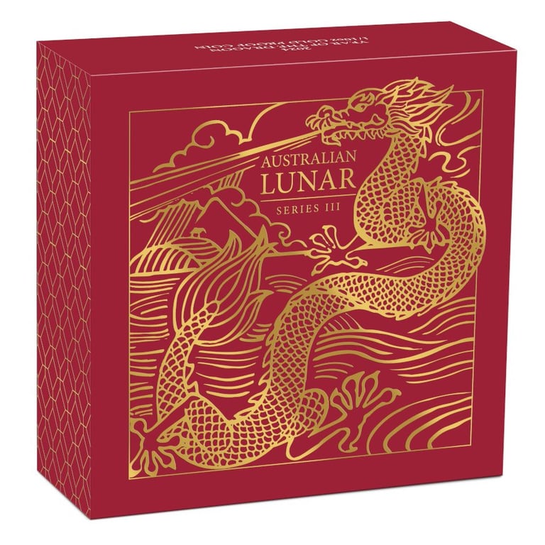 Original coin case of the Gold Lunar III Dragon 1/10 oz PF - 2024