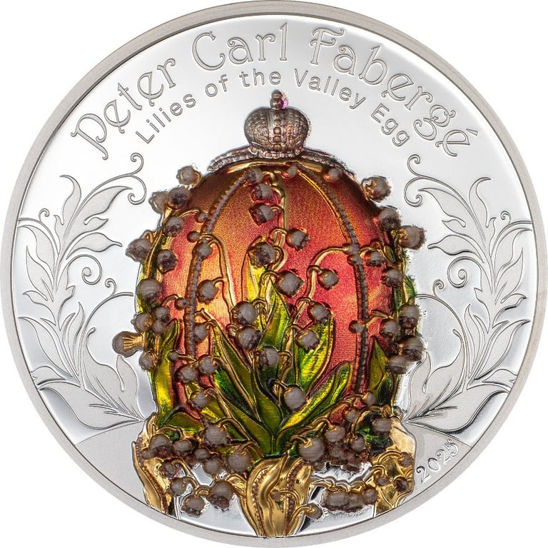 Front of the Silver Fabergé - Lilies of the Valley 2 oz PF - High Relief 2025