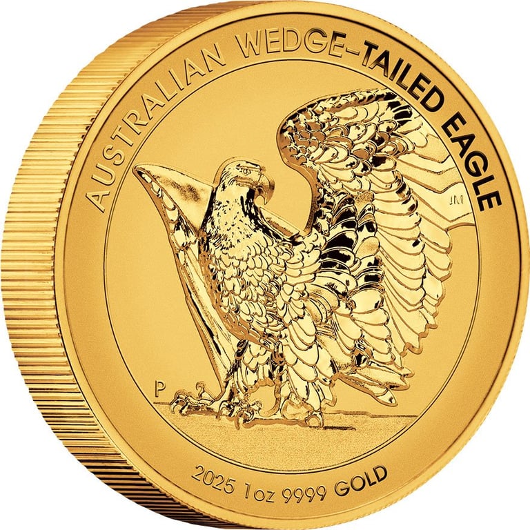 Side view of the Gold Wedge Tailed Eagle 1 oz RP - High Relief 2025