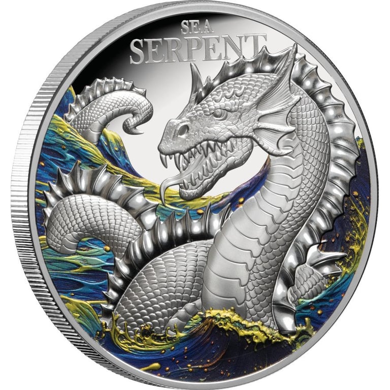 Side view of the Silver Mythical Creatures - The Sea Serpent 2 oz PF - 2024