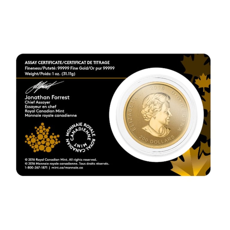 Back of the Gold Call of the Wild 1 oz - Grizzly 2016 in the original coin case